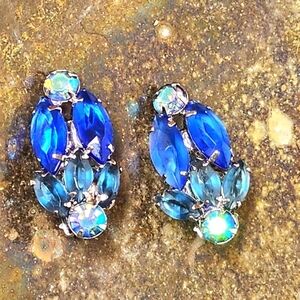 Vintage Earrings Blue AB Rhinestone Navette Clip Silver Tone Open Back Unsigned